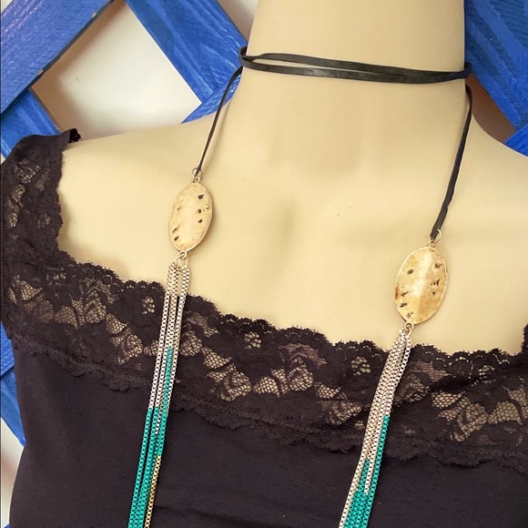 Boho Rope Necklace. Western Style Long Tassels Necklace Tie Leather Necklace. - Picture 2 of 11